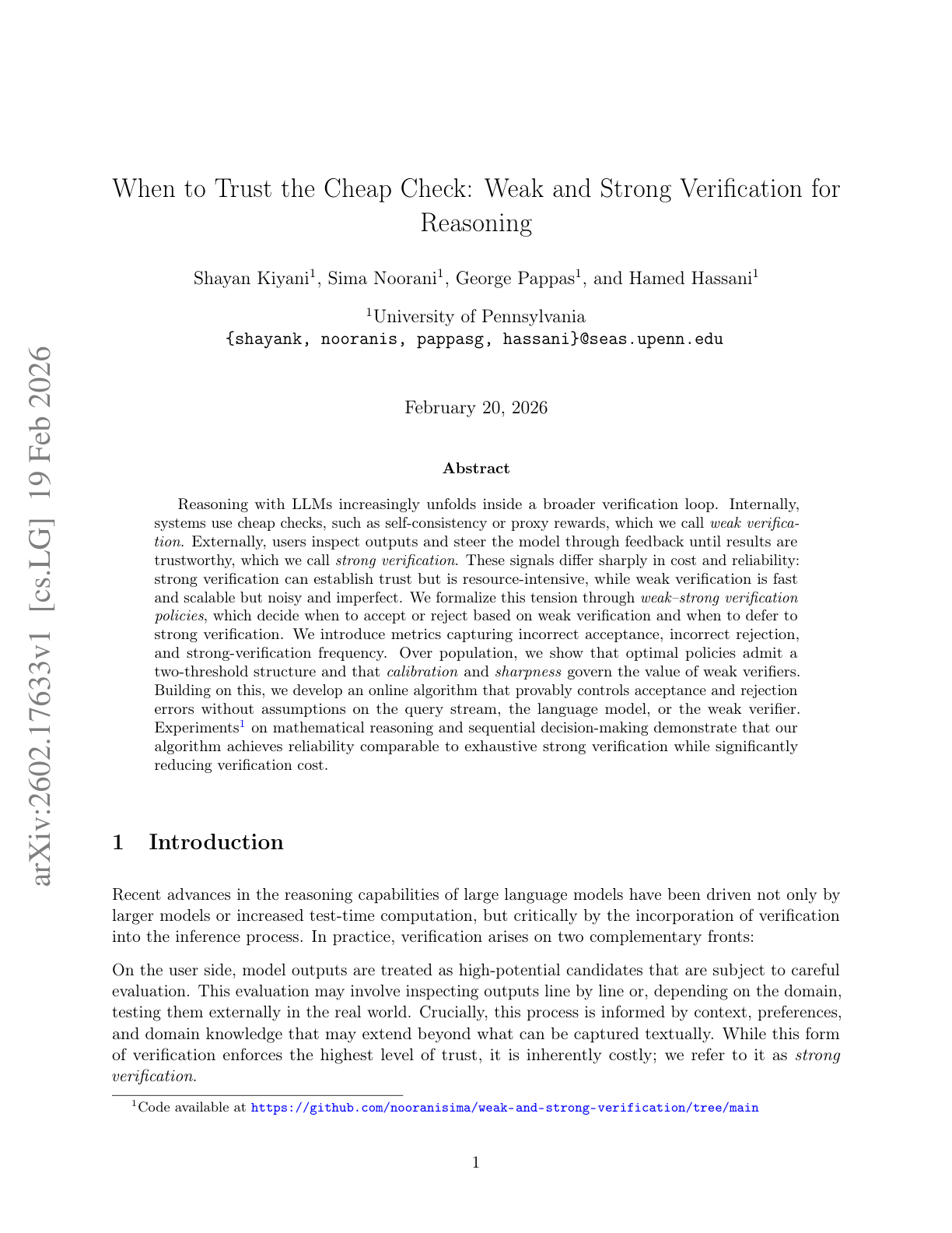 When to Trust the Cheap Check: Weak and Strong Verification for Reasoning
