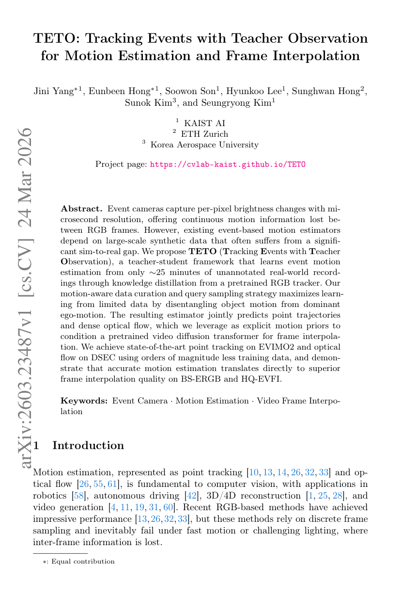 TETO: Tracking Events with Teacher Observation for Motion Estimation and Frame Interpolation